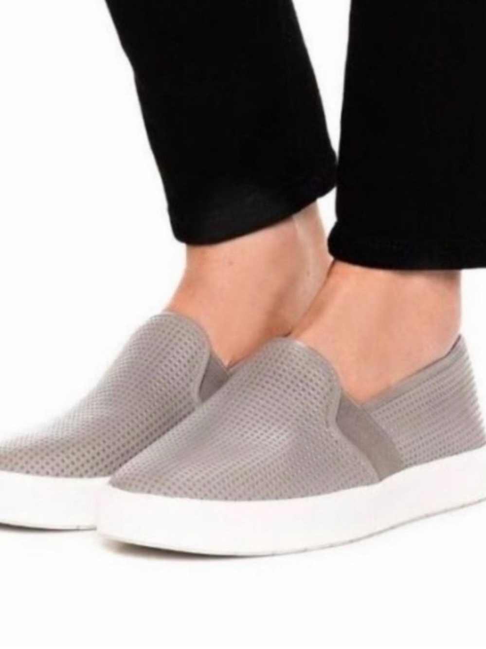 Vince Blair Leather Perforated Slip On Sneaker Shoes US Size 7 Gray Taupe Fall